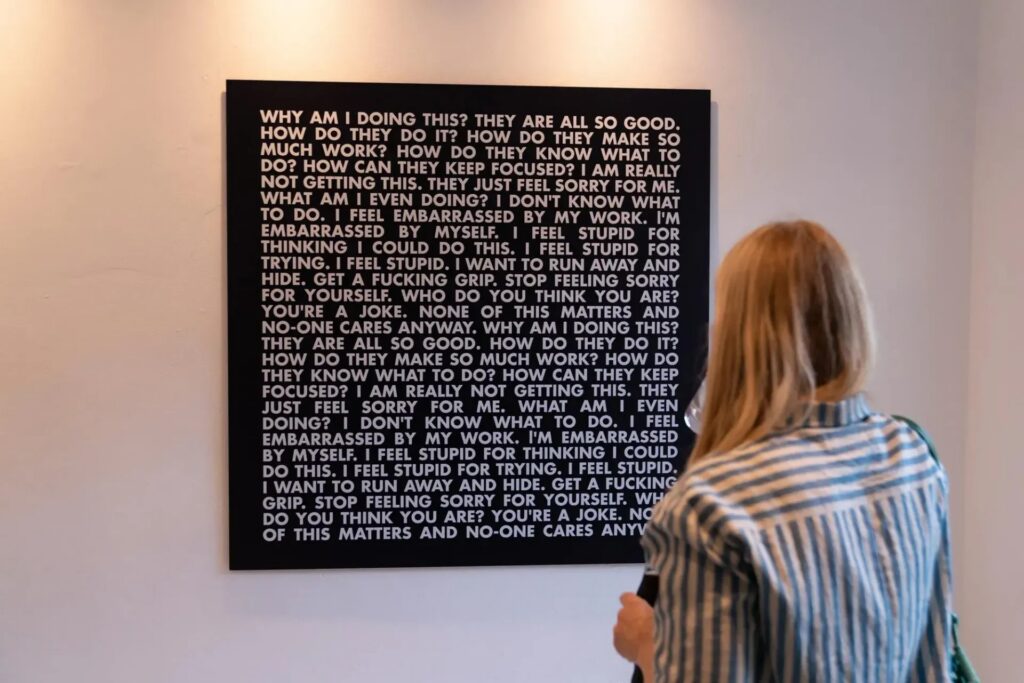 Karen Page, The Cruel Voice Inside My Head, 2024, view form the exhibition _Wallpaper Of Our Culture_ at London’s 309 Bethnal Green Road, 2025. Courtesy of the artist