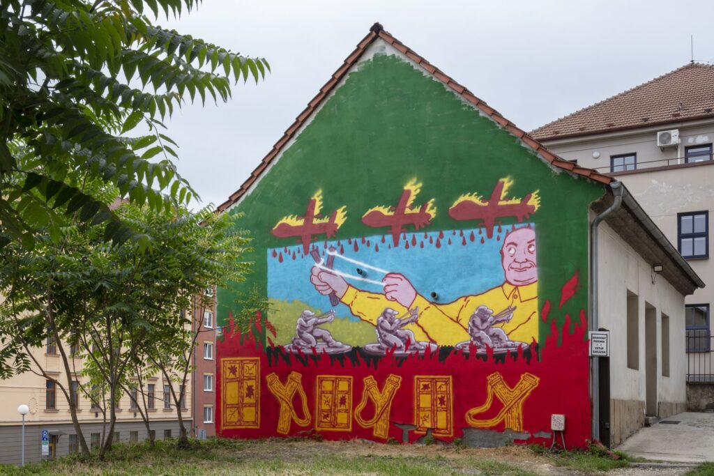 Michal Šumichrast, Heroes of Future Labour, 2026, mural, spray paint, exterior paint, Brno Art Open 2026