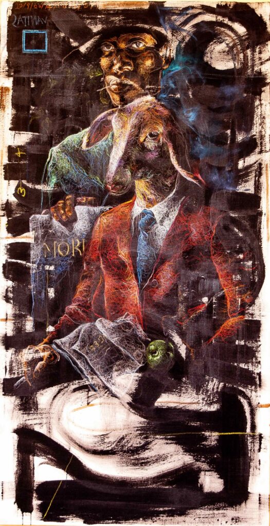 Mwass Githinji, The Esoteric Knight, 2023, pastels on canvas, 76cm x 150cm