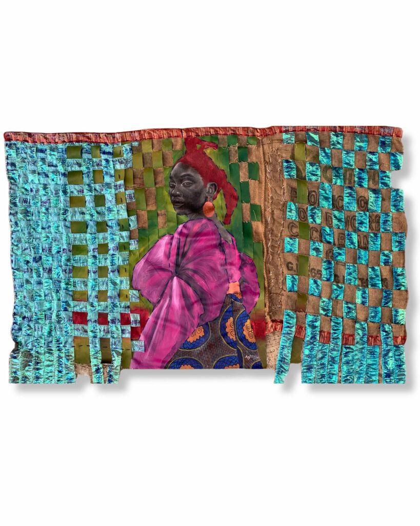 Paul Ayihawu, Old Things Have Passed Away, 2023-2026, Charcoal, Jute Sac, Wool, Acrylic, Screen printing on Metallic Silk Textile, 56in by 76in