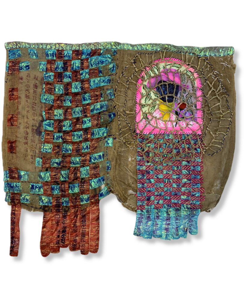Paul Ayihawu, Towards Self Righteousness 2, 2026, Mixed Media on Jute Sac, 55in by 60in