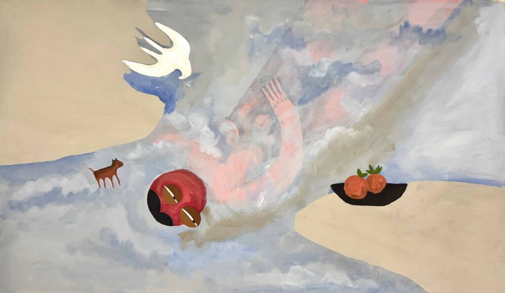 Reem Aljeally, Mediterranean Dream Swim, acrylic on canvas, 50x 102cm, 2025