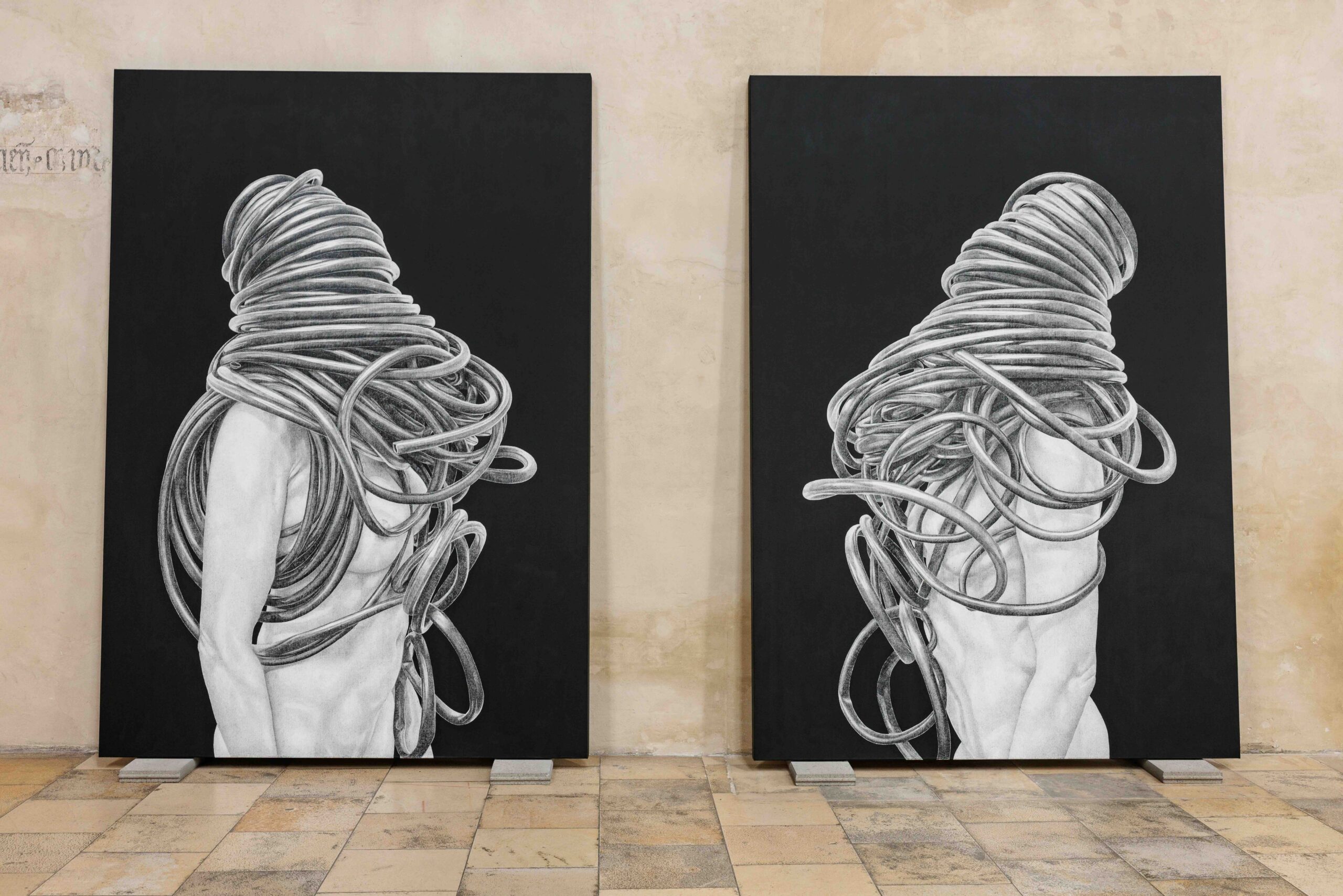 Soli Kiani, TRAUMA 1 and 2, 2026, 300 x 210 cm each, wax crayon and acrylic on canvas. Photo Kunstdokumentation.com