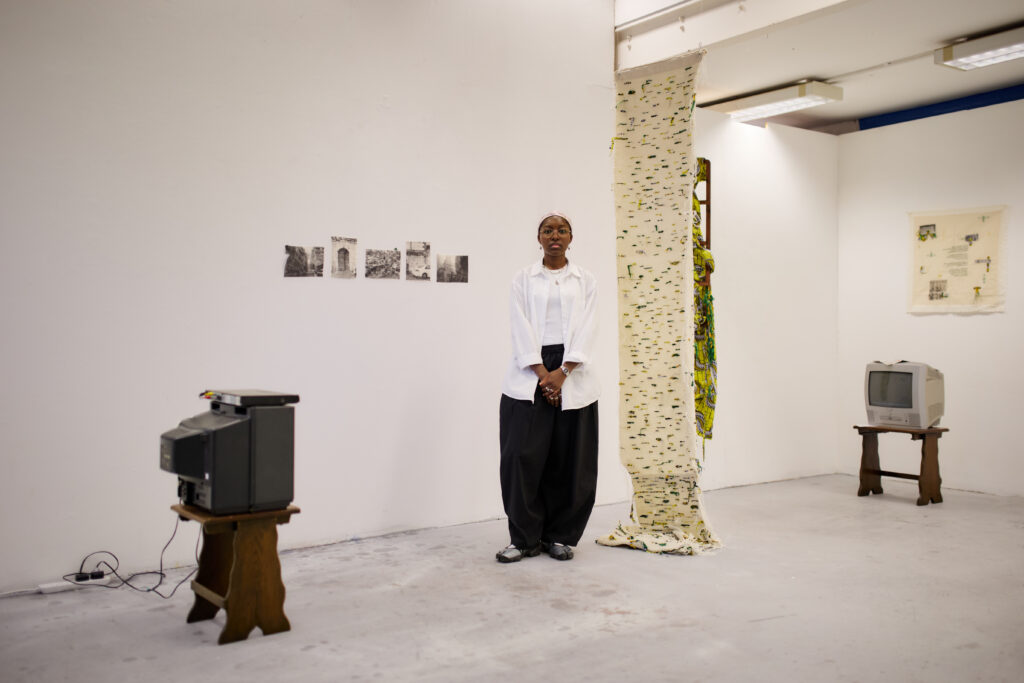 Sumayah Fallatah, smile, you’re in al-misfala, 2026, Goldsmiths MFA Fine Art Interim Show. Photo by Abdallah Abdulrahman