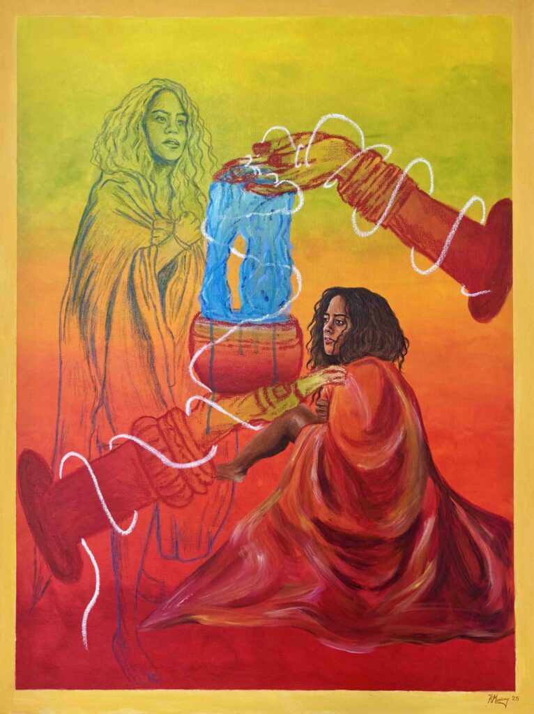Tayhe Munsamy, From My Hands to Yours, acrylic paint, pitt pastels, and oil pastel on canvas, 101.6 x 76.2cm, 2025. Courtesy of the artist
