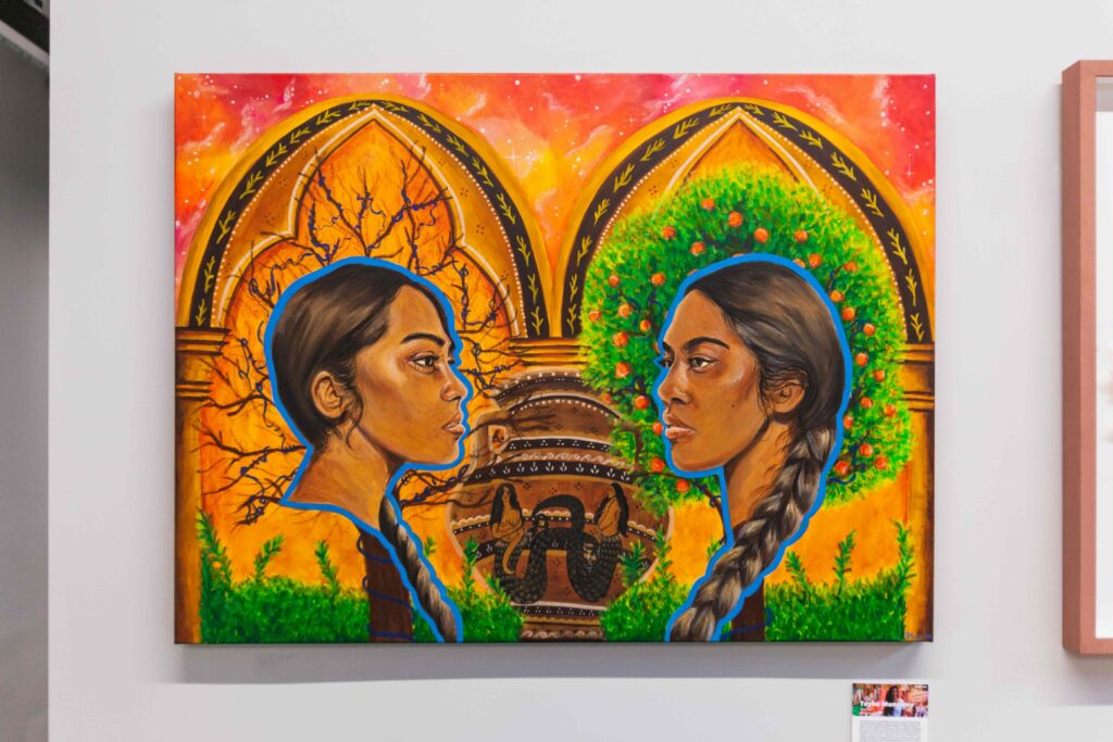 Tayhe Munsamy, The Myth of Us, acrylic and oil pastel on canvas, 76.2 x 101.6cm, 2025. Courtesy of Studio 404 and Creative Debuts