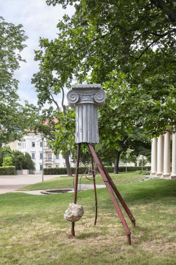 Vladimír Turner, Collapse, 2026, object, hollow concrete, reinforcing steel bars, iron structure, Brno Art Open 2026
