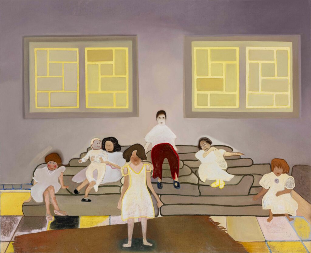 Yasmine Hadni, Pyramide, 2024, oil and pastels on canvas, 130x160 cm. Photo by Ayoub El Bardii