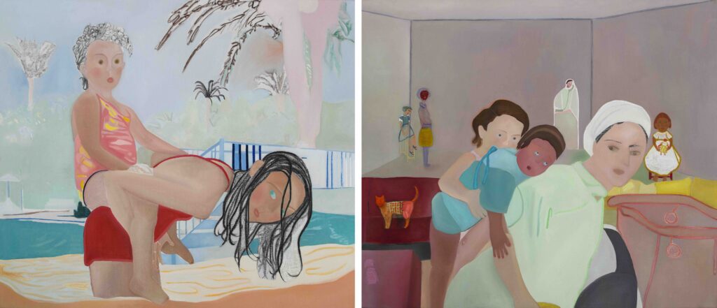 Yasmine Hadni, Untitled, 2022, oil, soft pastels and charcoal, diptych, 120 x 280 cm