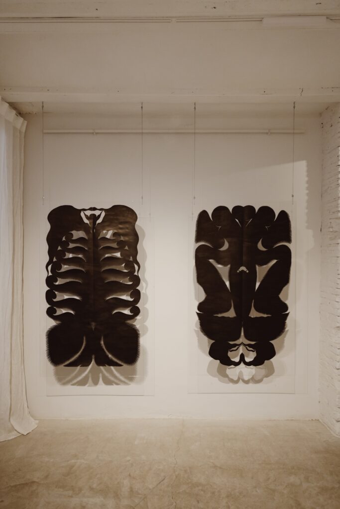 Agata Marchlewicz, Freak Dance (left), Burden of dreams (right), 2026. View of the exhibition "Crafting Reality" at Pasaje94, Valencia, 12.09–31.10.2026. Photo by Alka Murat