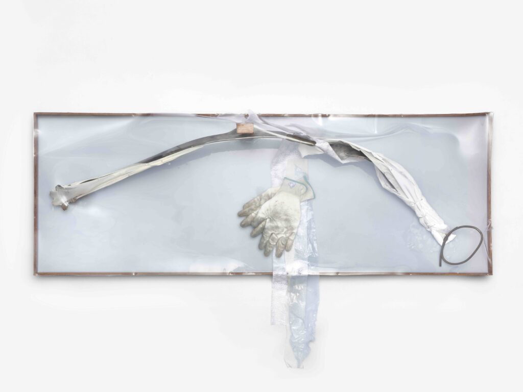 Linda Lach, Let’s get over the bonus situation, 2025, silicon, wood, butcher’s curtain, rice paper, plastic, human milk, latex, cotton 144 x 52 x 21 cm