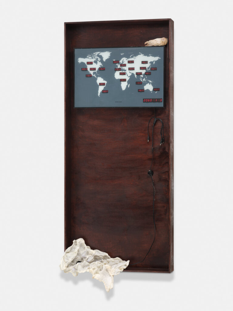 Linda Lach, Sticky tremor, 2025, wood, latex, human milk, paper, metal, vintage electronics, silicon 62 × 146 cm